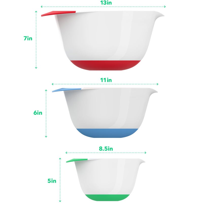 Vremi 3 Piece Plastic Mixing Bowl Set - Nesting Mixing Bowls with Rubber Grip Handles Easy Pour Spout and Non Slip Bottom - Three Sizes Small Large Capacity for Kitchen Baking or Salad - White Multi - Image 3